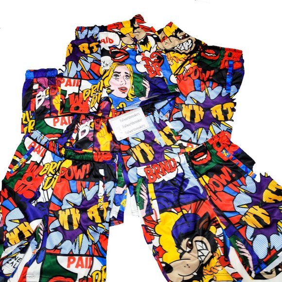 Reason RSN Brand Comic Cartoon PopArt Shorts Red Blue Drip Multicolor Wolf POW - Picture 4 of 10